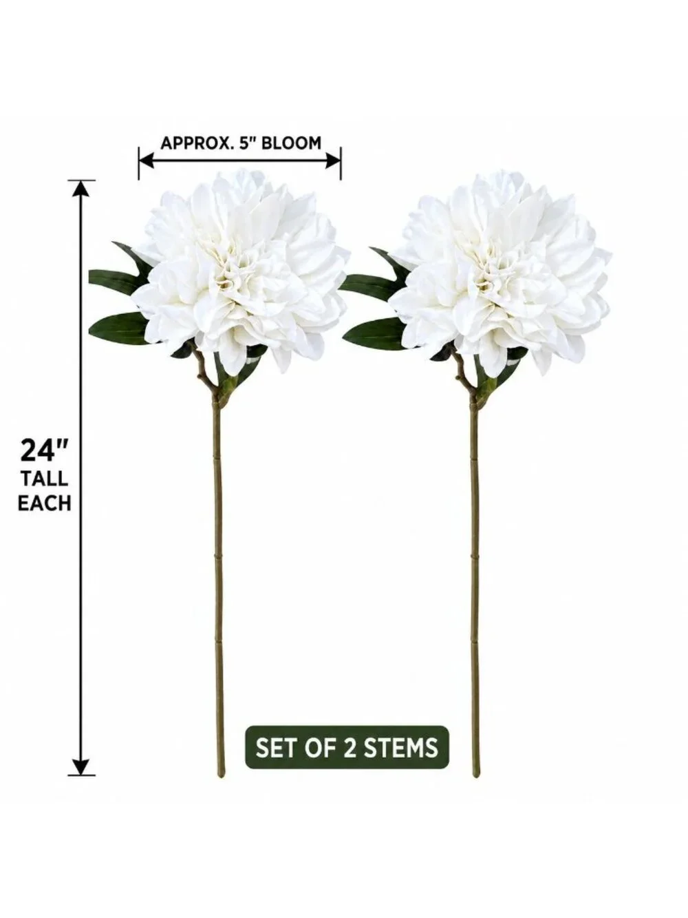 White Artificial Dahlia Stems, Set of 2, 24 Inch Faux Silk Flowers, 5 Inch Bloom